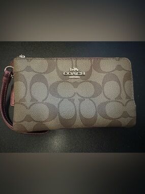 Coach Brown Signature Jacquard Wristlet with Burgundy Strap